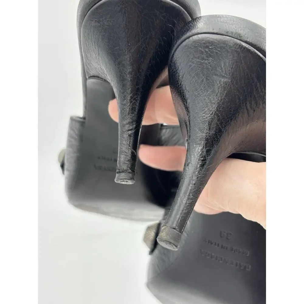Balenciaga Point Toe Mules Black Leather Studded Size 39 / 9 Kitten Heel